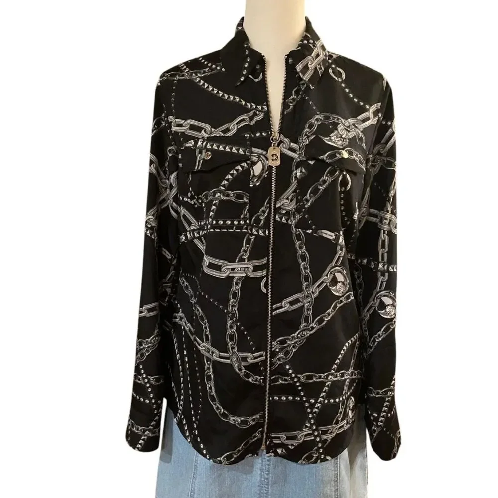 MICHAEL KORS BLACK Women's Lightweight Summer Jacket Chain & Lock Print Size S